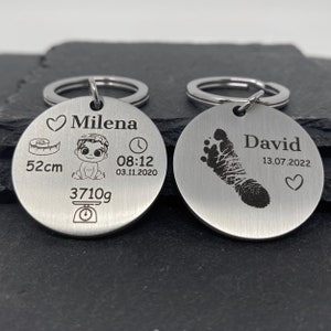 Keychain with dates of birth/footprint and handprint engraving - baby boy girl name