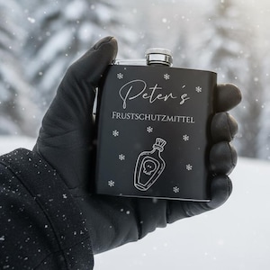 Flachmann mit Gravur des Namens und Wunschtext (Schwarz / Edelstahl)