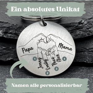 May include: A silver keychain with a heart-shaped design formed by hands. The words "Papa" and "Mama" are engraved on the keychain, along with the names "Jenny", "Emily", "Theo", and "Alex".