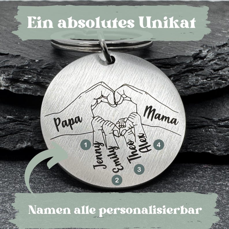 May include: A silver keychain with a heart-shaped design formed by hands. The words "Papa" and "Mama" are engraved on the keychain, along with the names "Jenny", "Emily", "Theo", and "Alex".