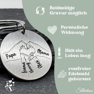 May include: A silver round keychain with a design of four hands forming a heart. The hands are labeled "Papa", "Mama", "Leana", "Henry", and "Alex". The keychain is made of brushed stainless steel and can be engraved on both sides.