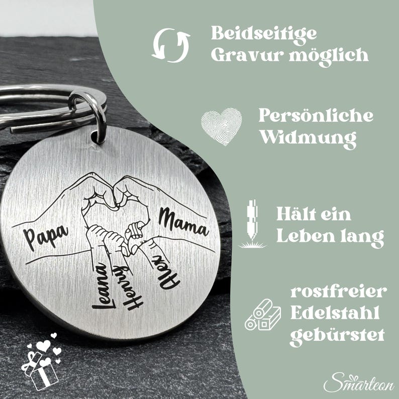 May include: A silver round keychain with a design of four hands forming a heart. The hands are labeled "Papa", "Mama", "Leana", "Henry", and "Alex". The keychain is made of brushed stainless steel and can be engraved on both sides.
