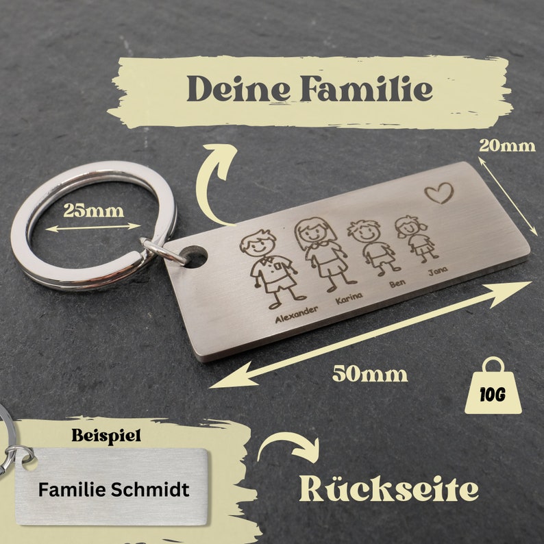 Family key ring personalized pendant with name and motif engraved on stainless steel. Family name engraved mother father child image 5