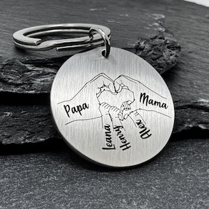 Porte-clés personnalisé pour papa et maman avec mains d'enfants - pendentif avec prénoms d'enfants gravés