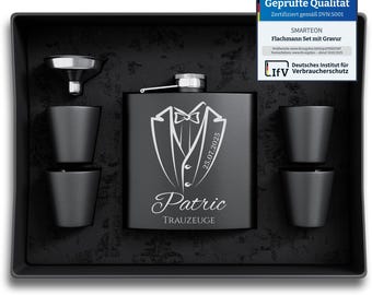 Personalized stainless steel hip flask set with engraving, including gift box and funnel.