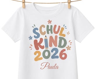 Personalisiertes Tshirt für Schulkinder 2026 mit Namen, Weiße Shirts für Kinder, Schulanfang, Einschulung