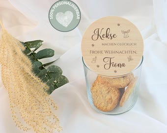 Gepersonaliseerde bewaarpot met deksel voor Kerstmis, gepersonaliseerd koekblik, koekjespot met naam, gegraveerd houten deksel | Happy Cookies