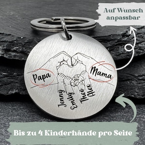 May include: Silver keychain with a heart formed by two hands, with four smaller hands inside the heart. The hands are labeled "Papa", "Mama", "Jenny", "Emily", "Theo", and "Alex". The text "Bis zu 4 Kinderh&auml;nde pro Seite" and "Auf Wunsch anpassbar" is also visible.