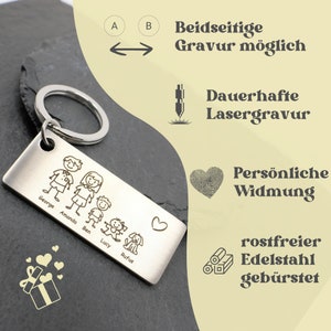 Family key ring personalized pendant with name and motif engraved on stainless steel. Family name engraved mother father child image 6