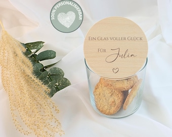 Gepersonaliseerde bewaarpot, bedankje, koekjespot met naam, gegraveerd houten deksel, koekjesblik | Een pot vol geluk