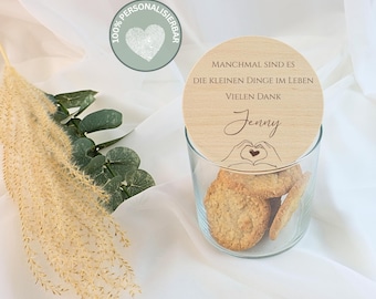 Gepersonaliseerde opbergpot, bedankje, koekjespot met naam, gegraveerd houten deksel, koekjesblik | Kleine dingen in het leven