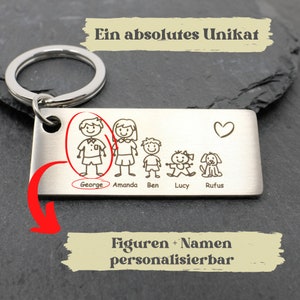 Family key ring personalized pendant with name and motif engraved on stainless steel. Family name engraved mother father child image 2