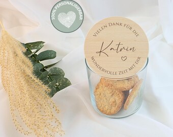Gepersonaliseerde voorraadpot, bedankcadeau, bedankcadeaus, koekjestrommel met naam, houten deksel met gravering, koekjestrommel | "Wonderful Time"