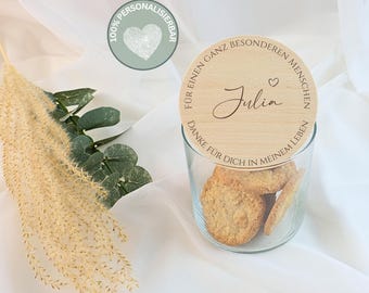 Gepersonaliseerde bewaarpot, bedankje, koekjespot met naam, gegraveerd houten deksel, koekjesblik | speciaal persoon