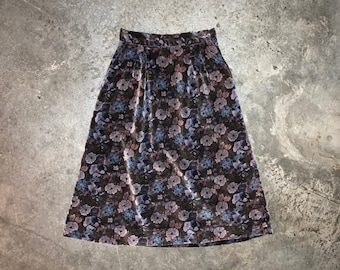Vintage 70's Floral Printed Velvet A-Line Skirt With Pockets