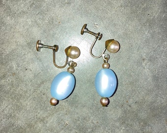 Vintage 50's Pearl & Blue Moonstone Screw-Back Earrings