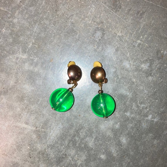 Vintage 60's Bright Green Clip On Earrings - image 1