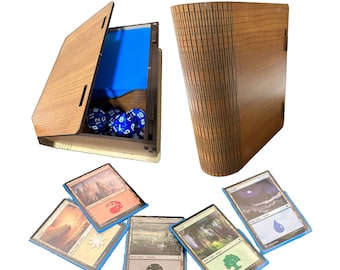 Wooden Book Deck Box for SLEEVED cards, Single Deck + Dice slot / Double deck book box, Card Game Box, MTG, Card Storage, Folding Card Box