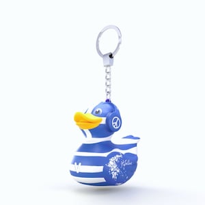 Petit porte-clés de canard grec, drapeau grec bleu et blanc, canard unique avec casque, cadeau unisexe, canetet en vinyle, porte-clés en métal