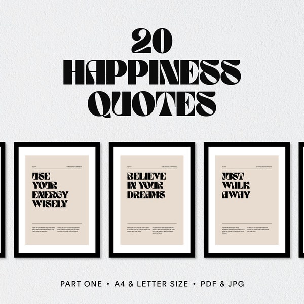 Set of 20 Printable Motivational Happiness Quotes, Instant Digital Download, Printable Wall Art for Home Decor, Inspirational sayings