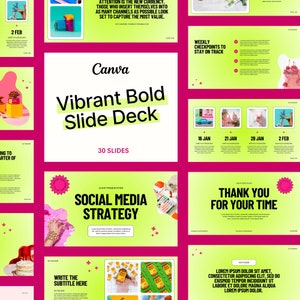 Plantilla de presentación de Canva de 30 diapositivas, seminario web, presentación de empresa, proyecto en degradado verde y rosa, con efecto vibrante y llamativo del año 2000