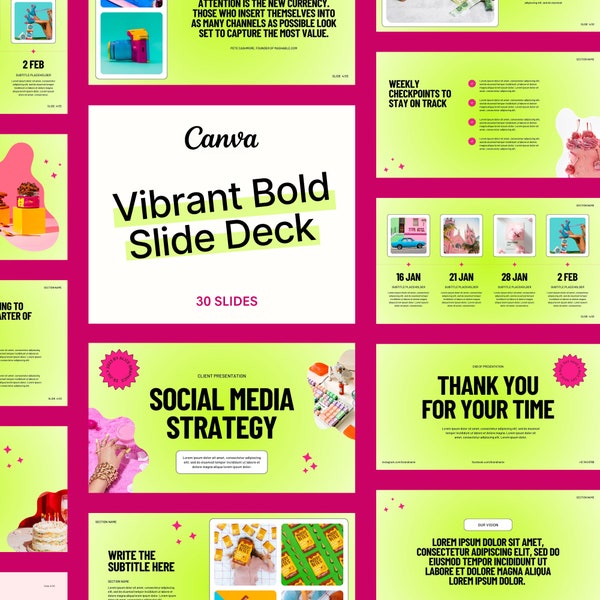 30 Slides Vibrant Bold y2k Canva Presentation Deck | Webinar | Pitch Deck Template | Company Presentation  | Green Gradient Pink Project