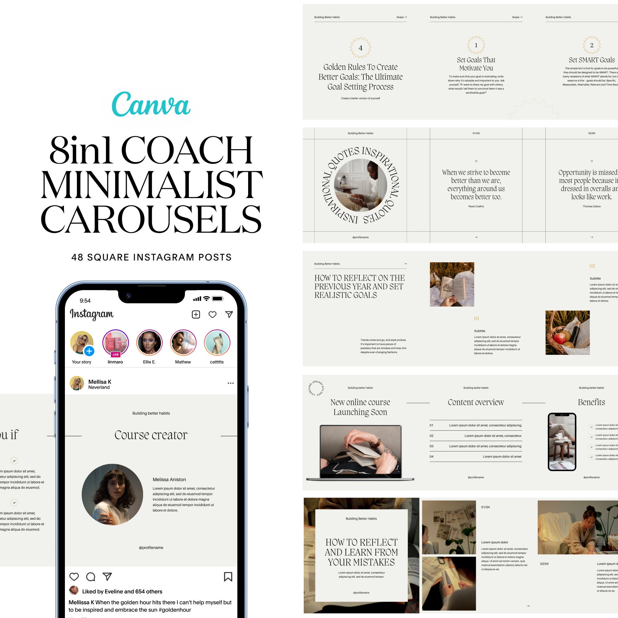 8 Business Coach Instagram Carousel Templates / Luxury Black and White / Minimalist Classy Aesthetic Instagram / Quotes Carousel
