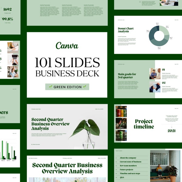 Green 101 Slides Business Canva Presentation Deck | Webinar | Pitch Deck Template | Company Presentation  | Professional Data Charts