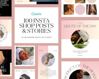 100 publicaciones e historias de Instagram con degradado rosa para pequeñas empresas y compromisos / Tienda de joyería en Instagram / Diseños de carrusel y cotizaciones