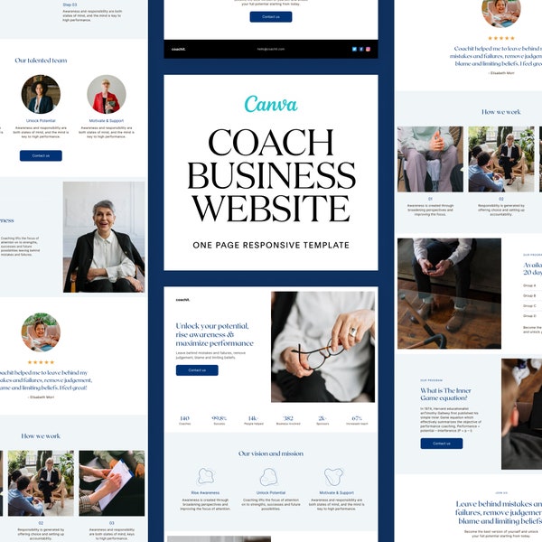 Business Coach Finance One Page Website Canva Template, Sales Landing Page, Marketing Product Presentation, Responsive Mobile Template