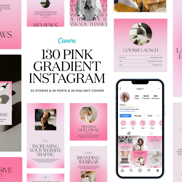 130 Pink Gradient Instagram posts, stories, carousels and story highlight covers for small business and engagement - Pink Aura Bundle v1