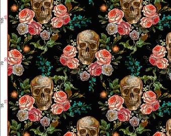 Luxury Velvet Fabric, Skull & Roses Digital print, Fabric by the Meter, 112cm Width, Upholstery, Chair, Dress Fabric