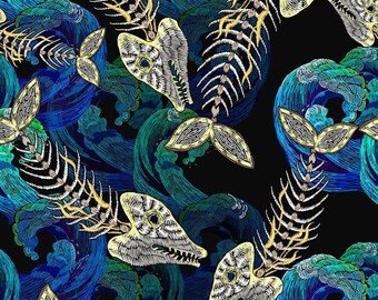 Luxury Velvet Fabric, Fish Bone Ang Big Sea Wave Digital print, Fabric by the Meter, 150cm Width, Upholstery, Chair, Sofa Fabric