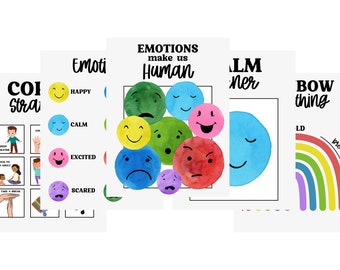 May include: A collection of white posters with colorful illustrations and text. The posters feature smiley faces representing emotions, a rainbow, and phrases like "Emotions make us Human" and "Cool Strategies".