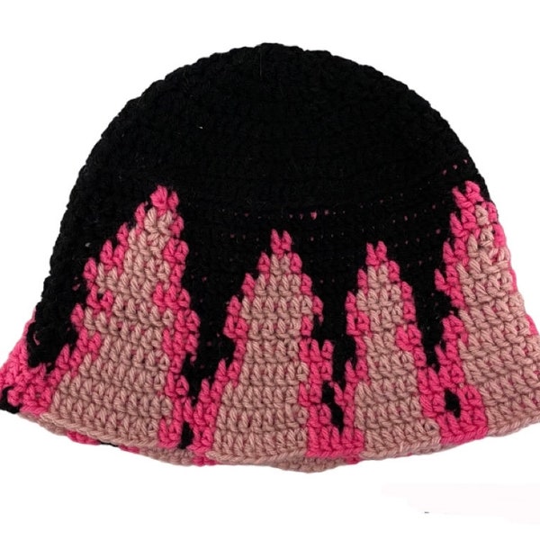 Pink Flame Anime Crocheted Bucket Hat, Anime Enthusiast Gift, Demon Bucket Hat