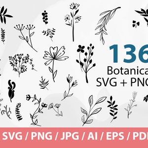 Botanische svg - Blumen Svg, Botanische Clipart, Blumen Clipart, Blumen, Blätter und Äste Bundle Svg + Png, kommerzielle Nutzung inklusive