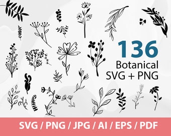 Botanical Svg - Flower Svg, Botanical Clipart, Flower Clipart, Floral, Leaves and Branches Bundle Svg + Png, Commercial Use Included