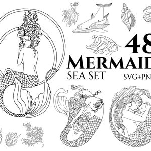 Mermaid Sea SET - Mermaid SVG, Mermaid Clipart, Mermaid Girl svg, Pregnant Mermaid, Mermaid and Baby, Mermaid Silhouette, Sea Shell, Dolphin