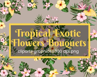 Ramos de flores exóticas tropicales - Frangipani, hibisco, calla, monstera verde, hojas de palma, florales, arreglos de ramas, ramo floral