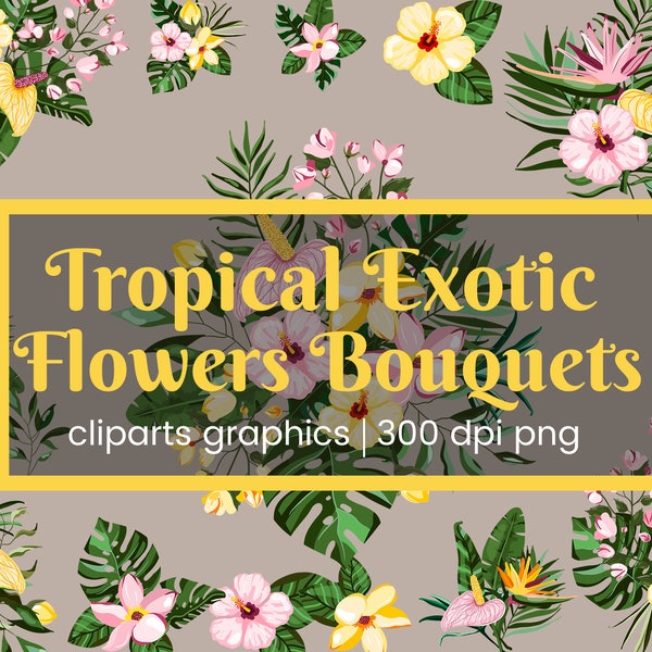 Tropical Exotic Flowers Bouquets - Frangipani, hibiscus, calla, green monstera, palm leaves, floral, branch arrangements, Floral Bouquet