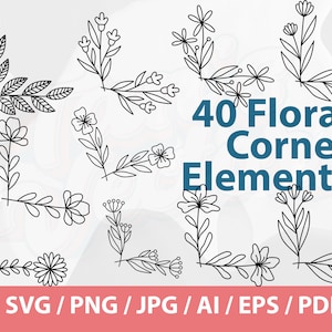 May include: A set of 40 black and white floral corner design elements. The designs are simple and elegant, and would be perfect for adding a touch of whimsy to any project.  SVG, PNG, JPG, AI, EPS, and PDF file formats are included.