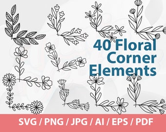 40 Floral Corner Border Element - Corner SVG, Corner Floral Border Clipart, Floral frame SVG, Hand Drawn Corner svg, Floral border, border