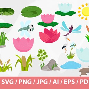 K&ouml;nnte beinhalten: Ein Satz farbenfroher Clipart-Illustrationen mit einer Teichszene mit Seerosenbl&auml;ttern, Seerosen, Libellen, einem Reiher, Schilf, Steinen und Blasen. Die Illustrationen sind perfekt zum Erstellen digitaler oder gedruckter Projekte.