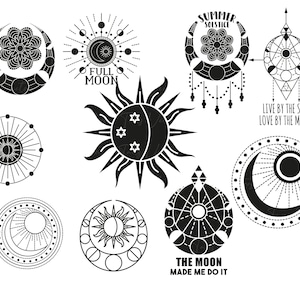 May include: A set of nine black and white illustrations featuring celestial and moon phases. The illustrations include a full moon, a crescent moon, a sun, and a variety of geometric designs. The text "FULL MOON", "SUMMER SOLSTICE", "THE MOON MADE ME DO IT", and "LIVE BY THE SUN LOVE BY THE MOON" is included in the illustrations.