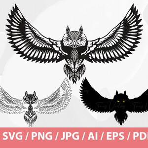 May include: Black and white silhouette of an owl with its wings spread wide. The owl has detailed feathers and a sharp beak. The owl is facing forward with its eyes open.