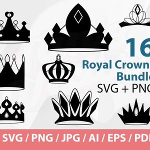 May include: A collection of sixteen black crown designs in various styles. The text "Royal Crowns Bundle" is displayed with "SVG + PNG" below it. File formats include SVG, PNG, JPG, AI, EPS, and PDF.