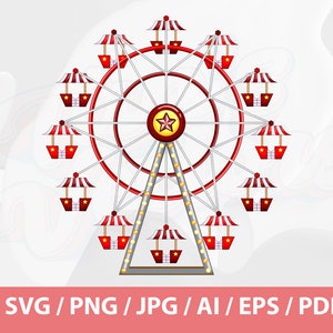 以下が含まれることがあります： 赤と白の観覧車。赤と白のゴンドラがついています。観覧車の頂上には赤い星があります。