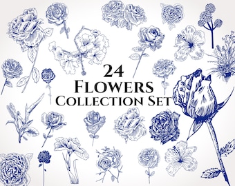 Flowers Collection Set - Flowers svg, Rose svg, Floral svg, Botanical svg,Wildflower svg, Flower svg, Rose flower svg, Floral Decoration SVG