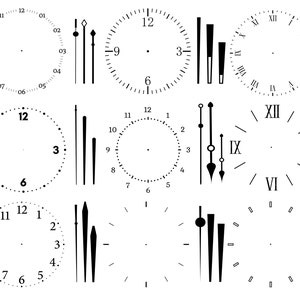 May include: A set of nine clock faces with different styles of numbers and hands. The clock faces are all white with black markings. Some of the clock faces have Roman numerals, while others have Arabic numerals. Some of the clock faces have hands, while others do not.