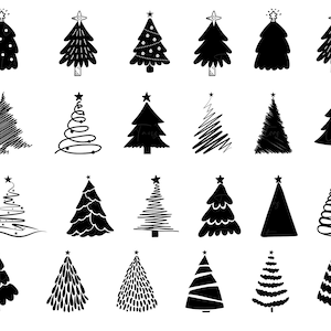 May include: A collection of 25 black and white hand-drawn Christmas tree illustrations. The trees are in various styles, including simple outlines, detailed designs, and abstract shapes.